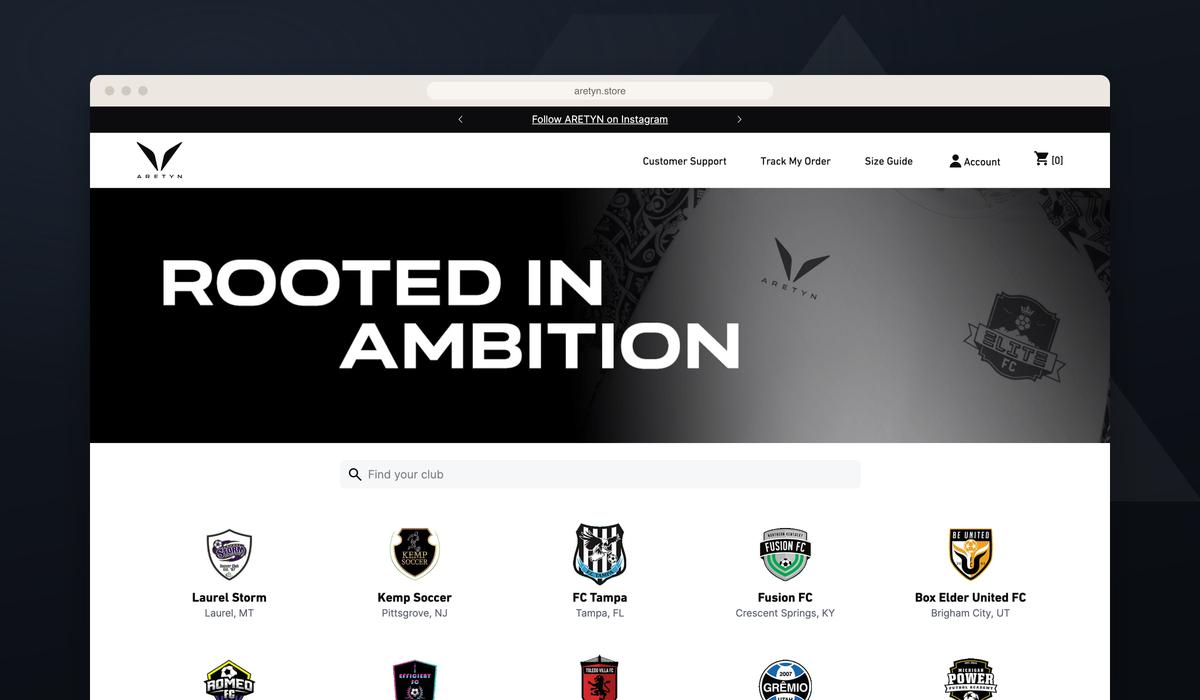 The aretyn.store homepage, listing each club's store
