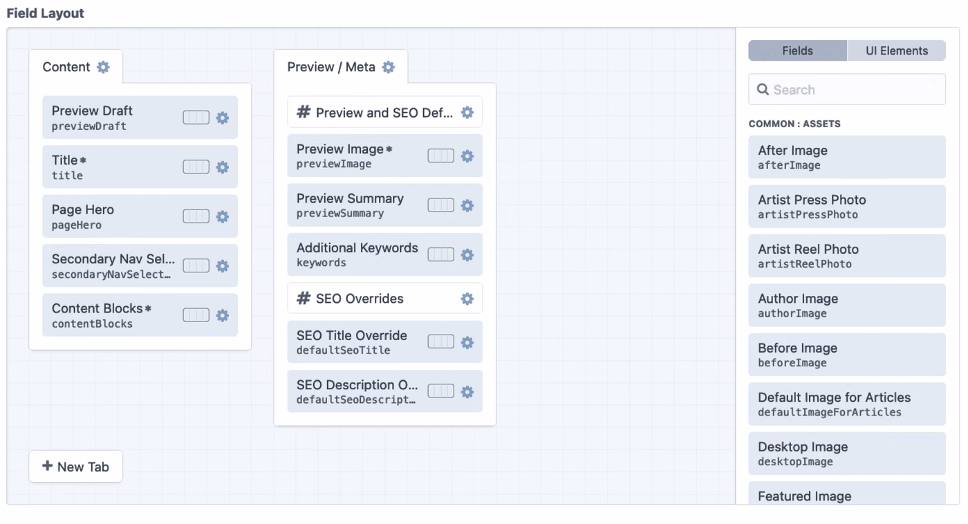 Craft CMS field layout screenshot