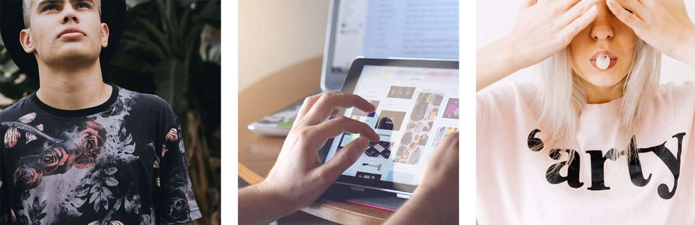 Image group of a man's t-shirt, hands on a tablet, and person covering their face with their hands